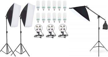 Kit de 3 softboxuri cu macara soclu de 4 becuri 3 trepiezi reglabili 200 cm 12 becuri de 85W 