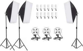 Kit studio profesional 3 softbox cu 4 socluri pentru becuri si 12 becuri 40w Negru 