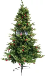 Brad artificial de Craciun decorat cu conuri pin rosii inaltime 210 cm diametru 137 cm 1172 ramuri Flippy verde suport metalic inclus 