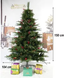 Brad artificial de Craciun decorat cu conuri pin rosii pentru interior/exterior inaltime 150 cm diametru 104 cm 323 ramuri Flippy verde 