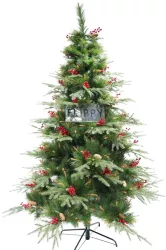 Brad artificial de Craciun decorat cu conuri pin rosii pentru interior/exterior inaltime 210 cm diametru 142 cm 767 ramuri Flippy verde 