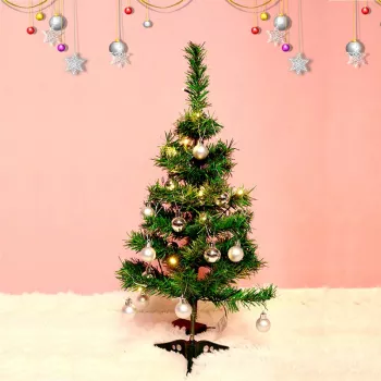 Brad Artificial Impodobit 60 cm suport plastic cu instalatie luminoasa 20 LED alb cald + 20 globuri argintii incluse Flippy 