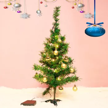 Brad Artificial Impodobit 60 cm suport plastic cu instalatie luminoasa 20 LED alb cald + 20 globuri aurii incluse Flippy 