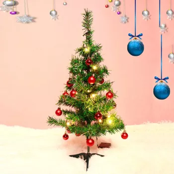 Brad Artificial Impodobit 60 cm suport plastic cu instalatie luminoasa 20 LED alb cald + 20 globuri rosii incluse Flippy 