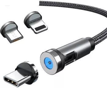 Cablu de incarcare magnetic 3 in 1 360 grade + 180 grade 2 m micro type C iPhone 5 V 2.1 A Negru