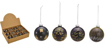Glob din sticla negru cu auriu set de 12 diametru 8 cm 