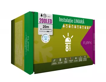 Instalatie Craciun 20 m 200 Led-uri Liniara Alb rece 8 jocuri de lumini Transformator Interconectabila Prelungitor 5 m inclus Fir Verde 
