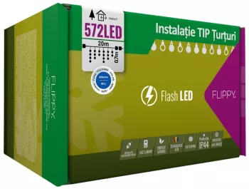 Instalatie Craciun 20 m 572 Led-uri Franjuri Albastru Flash Transformator Interconectabila Prelungitor 3 m inclus Fir Negru Flippy 
