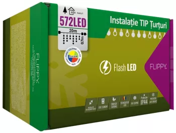 Instalatie Craciun 20 m 572 Led-uri Franjuri Multicolor Flash Transformator Interconectabila Prelungitor 5 m inclus Fir Transparent Flippy 