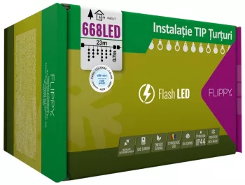 Instalatie Craciun 23 m 668 Led-uri Franjuri Alb rece Flash Transformator Interconectabila Prelungitor 3 m inclus Fir Negru Flippy 