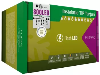 Instalatie Craciun 27 m 800 Led-uri Franjuri Alb cald Flash Transformator Interconectabila Prelungitor 3 m inclus Fir Transparent Flippy 