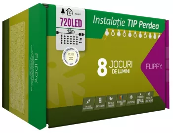 Instalatie Craciun Tip Perdea IP44 12 m x 1 m 720 LED-uri Alb cald 8 jocuri de lumini Transformator Interconectabila Prelungitor 3 m 