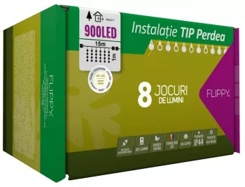 Instalatie Craciun Tip Perdea IP44 15 m x 1 m 900 LED-uri Alb cald 8 jocuri de lumini Transformator Interconectabila Prelungitor 3 m 