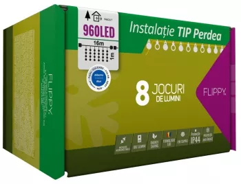 Instalatie Craciun Tip Perdea IP44 16 m x 1 m 960 LED-uri Albastru 8 jocuri de lumini Transformator Interconectabila Prelungitor 3 m 