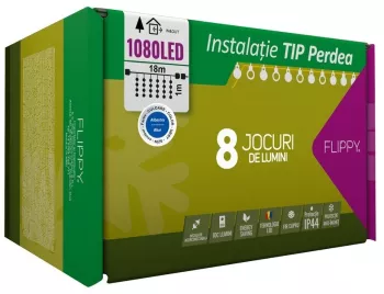Instalatie Craciun Tip Perdea IP44 18 m x 1 m 1080 LED-uri Albastru 8 jocuri de lumini Transformator Interconectabila Prelungitor 3 m 