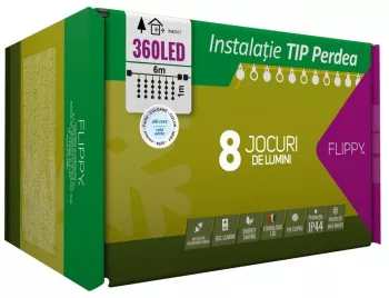 Instalatie Craciun Tip Perdea IP44 6 m x 1 m 360 LED-uri Alb rece 8 jocuri de lumini Transformator Interconectabila Prelungitor 3 m inclus