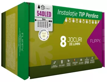 Instalatie Craciun Tip Perdea IP44 9 m x 1 m 540 LED-uri Alb cald 8 jocuri de lumini Transformator Interconectabila Prelungitor 3 m inclus