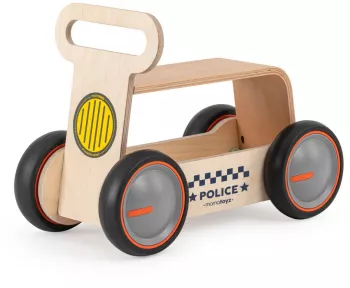 Masinuta ride-on premergator si carucior de jucarii mamatoyz driveme wood politie - jucarie din lemn 3 in 1 