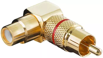 Mufa adaptor RCA mama - RCA tata cotit 90 grade aurita inel rosu Goobay 