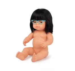 Papusa educationala 38 cm fetita asiatica purtatoare de ochelari 