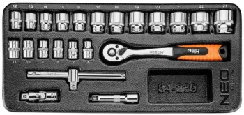 Set capete tubulare scurte cu clichet pentru dulap mobil 3/8 6-24 mm 22 piese   NEO  