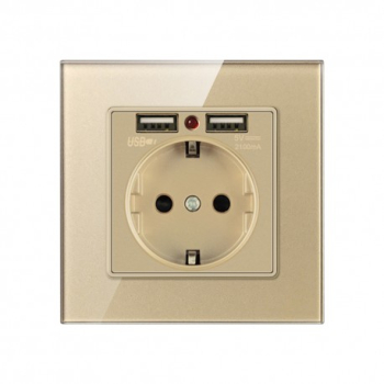 Priza de Perete cu 2 Porturi USB si Rama din Sticla Techstar® TS-GL 110-250V 16A Ignifuga 86x86mm Auriu 