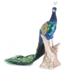 Decoratiune Craciun paun cu puf albastru 24x12x32 cm 