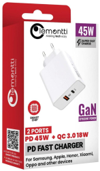 Incarcator Rețea Lemontti, GaN Fast Charge 45W 1 x PD Type-C + 1 x USB-A Quick Charge 3.0 Alb