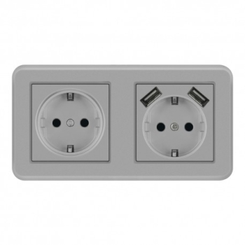 Priza Dubla De Perete cu 2 Porturi USB Techstar® TS-PC 110-250V 16A Ignifuga 80x151mm Gri 