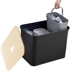 Cos de gunoi triplu Collect SmartStore pentru colectare selectiva a deseurilor cu 3 galeti interioare din plastic capac lemn negru 76 
