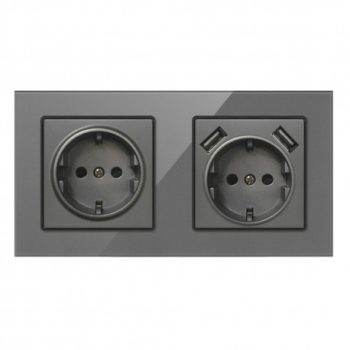 Priza Dubla De Perete Cu 2 Porturi USB Si Panou Din Sticla Techstar® TS-G 110-250V 16A Ignifuga 80x151mm