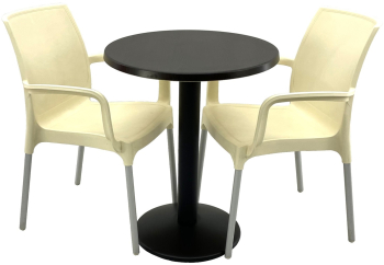 Set bistro de exterior RAKI masa rotunda D60cm cu blat Werzalit New Wenge si baza metalica neagra 2 scaune Sunset crem 55x58xh82cm din pla 