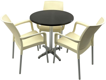 Set bistro de exterior RAKI masa rotunda D70cm cu blat Werzalit New Wenge si baza aluminiu 3 scaune Sunset crem 55x58xh82cm din plastic cu 