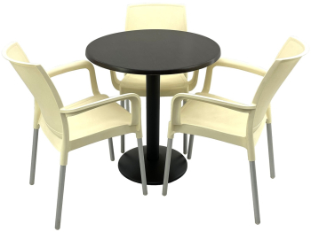 Set bistro de exterior RAKI masa rotunda D70cm cu blat Werzalit New Wenge si baza metalica neagra 3 scaune Sunset crem 55x58xh82cm din pla 