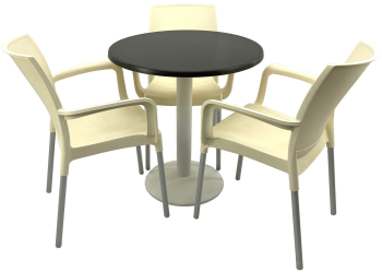 Set bistro de exterior RAKI masa rotunda D70cm cu blat Werzalit New Wenge si picior metalic alb 3 scaune Sunset crem 55x58xh82cm din plast 
