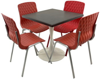 Set mobila terasa/cafenea RAKI masa patrata 70x70cm cu blat Werzalit New Wenge si baza metalica alba 4 scaune Royal rosii 50x52xh83cm din 