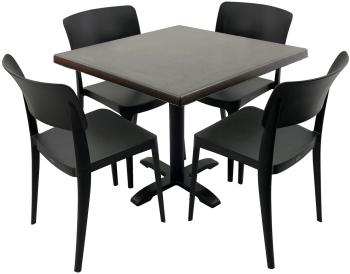 Set mobila terasa/cafenea RAKI masa patrata 70x70cm cu blat Werzalit New Wenge si picior din metal negru 4 scaune Pano negre 47 1x51 1xh81 