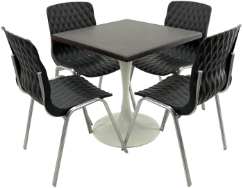 Set mobila terasa/cafenea RAKI masa patrata 80x80cm cu blat Werzalit New Wenge si baza metalica alba 4 scaune Royal negre 50x52xh83cm din 