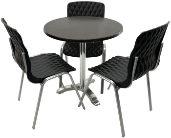Set mobila terasa/cafenea RAKI masa rotunda D70cm cu blat Werzalit New Wenge si picior aluminiu 3 scaune Royal negre 50x52xh83cm din plast 