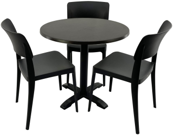 Set mobila terasa/cafenea RAKI masa rotunda D70cm cu blat Werzalit New Wenge si picior din metal negru 3 scaune Pano negre 47 1x51 1xh81 9 