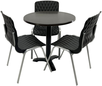 Set mobila terasa/cafenea RAKI masa rotunda D70cm cu blat Werzalit New Wenge si picior metalic negru 3 scaune Royal negre 50x52xh83cm din 