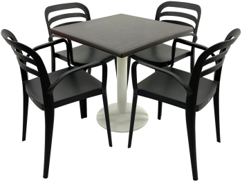 Set mobila terasa/restaurant RAKI masa patrata 70x70cm cu blat Werzalit New Wenge si picior metalic alb 4 scaune cu brate Aspendos negre 5 