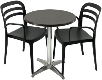 Set mobila terasa/restaurant RAKI masa rotunda D60cm cu blat Werzalit New Wenge si baza aluminiu 2 scaune cu brate Aspendos negre 54 5x51x 