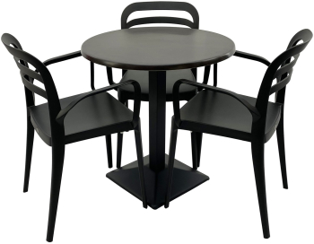 Set mobila terasa/restaurant RAKI masa rotunda D70cm cu blat Werzalit New Wenge si baza din metal neagra 3 scaune cu brate Aspendos negre 
