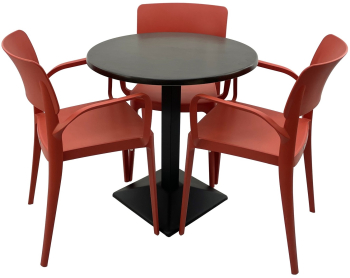 Set mobila terasa/restaurant RAKI masa rotunda D70cm cu blat Werzalit New Wenge si baza din metal neagra 3 scaune cu brate Panora rosii 54 