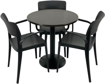 Set mobila terasa/restaurant RAKI masa rotunda D70cm cu blat Werzalit New Wenge si baza metalica neagra 3 scaune cu brate Panora negre 54 