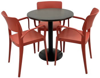 Set mobila terasa/restaurant RAKI masa rotunda D70cm cu blat Werzalit New Wenge si baza metalica neagra 3 scaune cu brate Panora rosii 54 