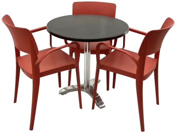 Set mobila terasa/restaurant RAKI masa rotunda D70cm cu blat Werzalit New Wenge si picior aluminiu 3 scaune cu brate Panora rosii 54 5x51x 