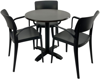 Set mobila terasa/restaurant RAKI masa rotunda D70cm cu blat Werzalit New Wenge si picior din metal negru 3 scaune cu brate Panora negre 5 