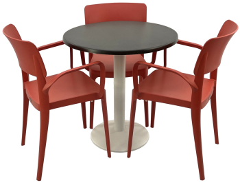 Set mobila terasa/restaurant RAKI masa rotunda D70cm cu blat Werzalit New Wenge si picior metalic alb 3 scaune cu brate Panora rosii 54 5x 